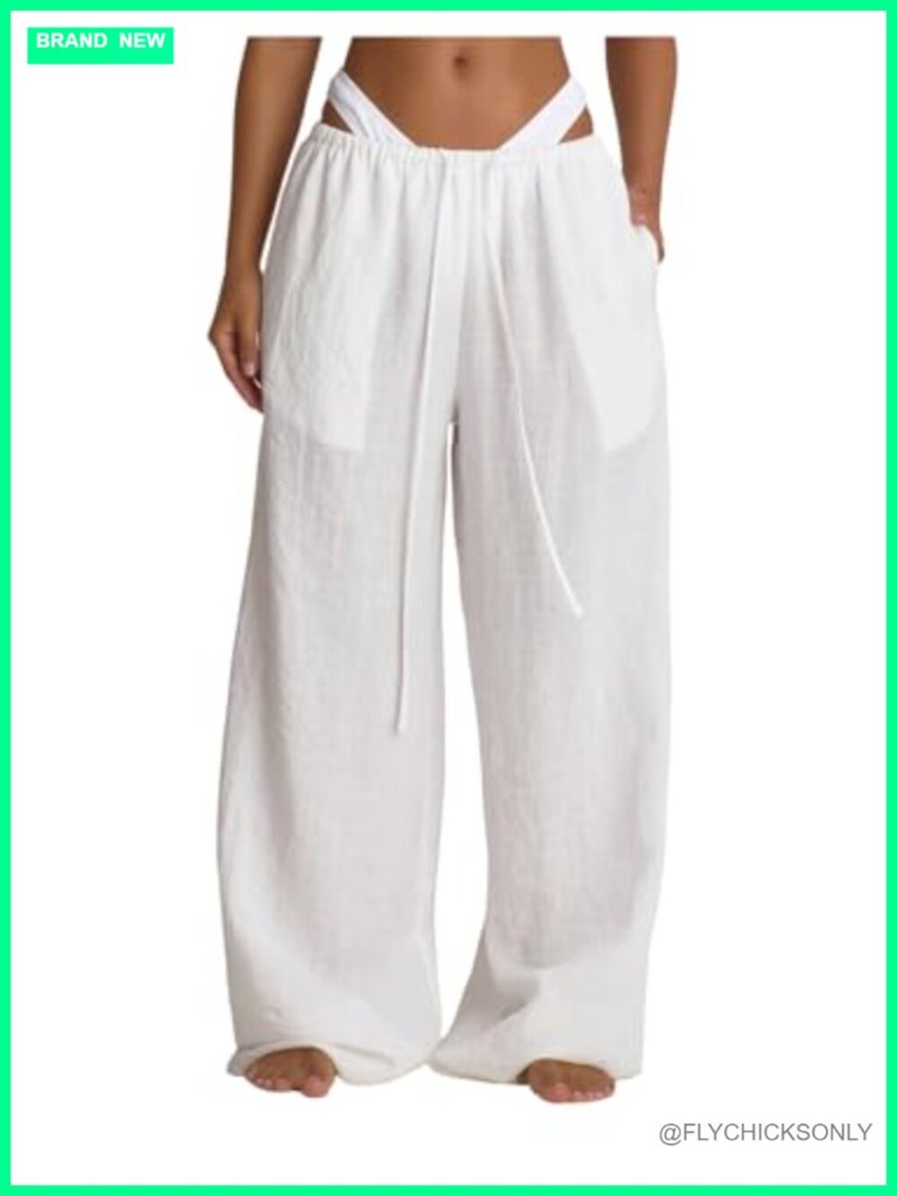 Sheer Linen Wide Leg Pants with Pockets Drawstring Vacation Beach